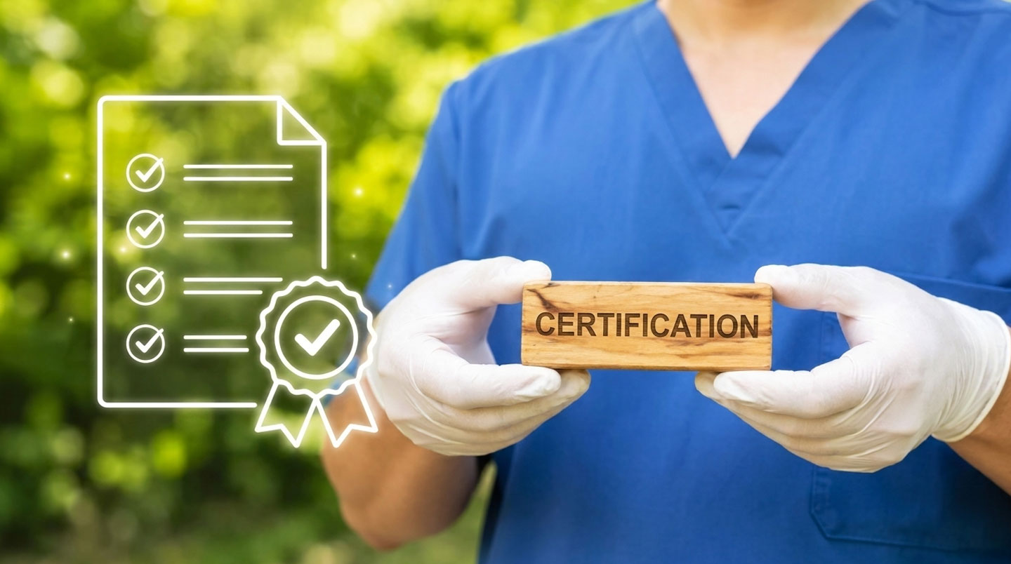 Composition flat design avec badge de certification central entouré de quatre icônes symbolisant formation, renouvellement, manipulation produits et conformité