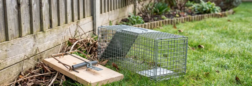 Comparaison entre piège mécanique à rongeur et cage de capture vivante posés dans un environnement naturel extérieur