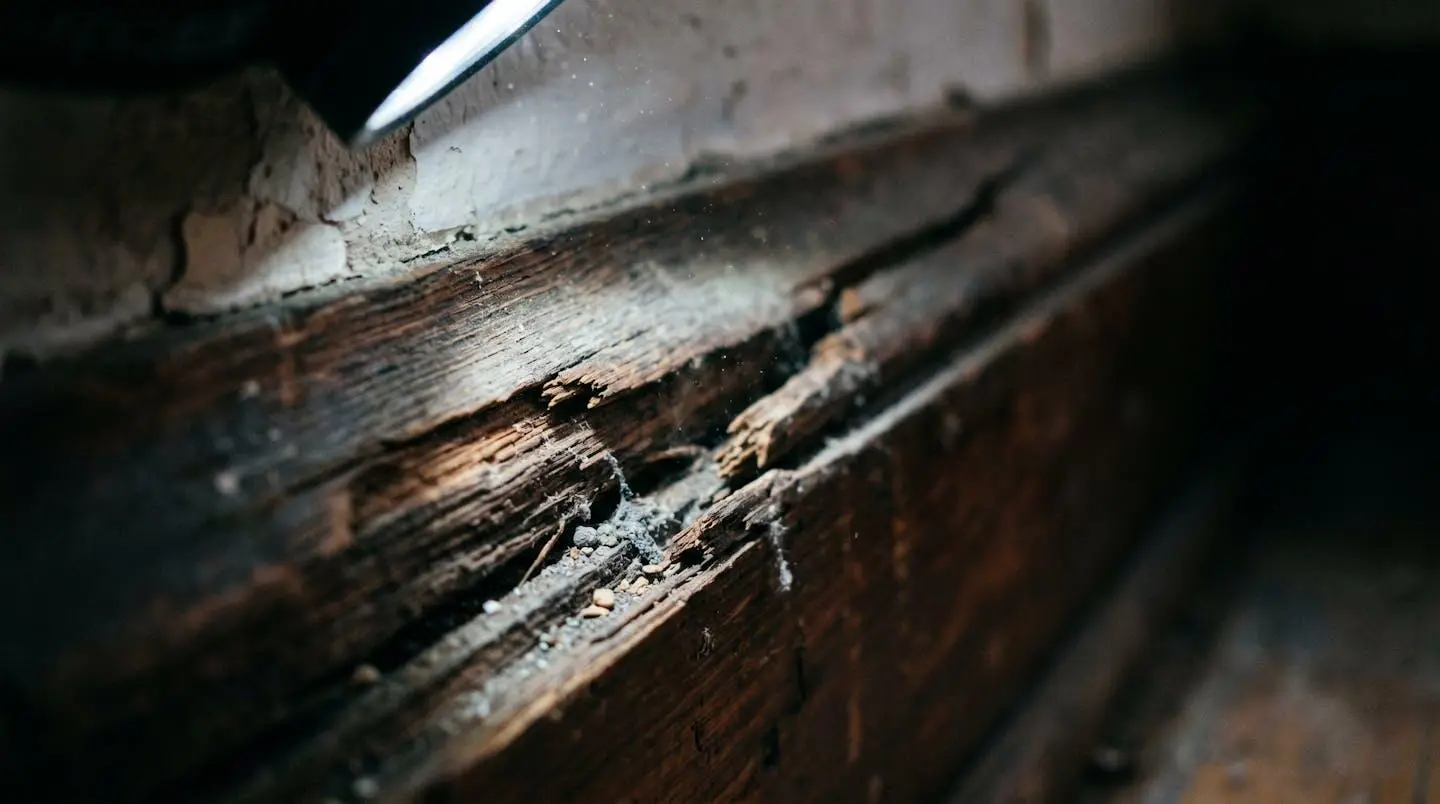 Gros plan sur une plinthe en bois fissurée éclairée par un faisceau lumineux révélant les anfractuosités et zones de cachette des insectes