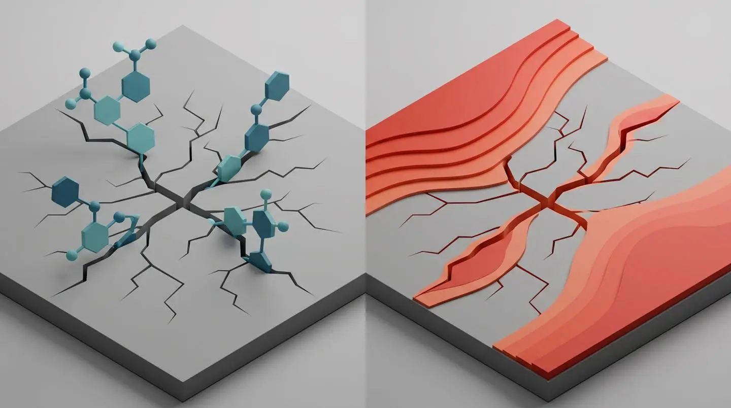 Illustration 3D isométrique en écran partagé comparant molécules chimiques stylisées bleues pénétrant des fissures à gauche et ondes de chaleur rouge-orange à droite