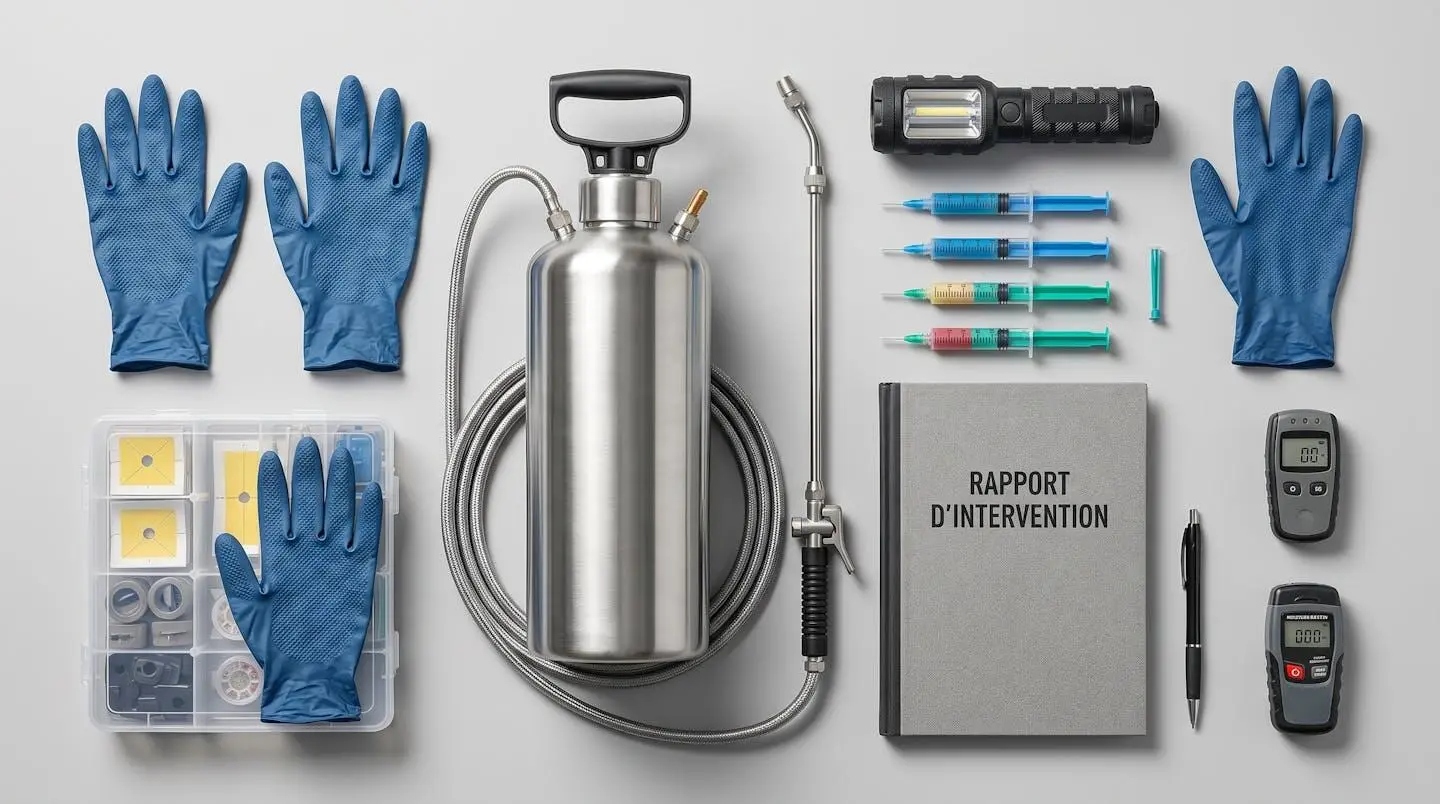 Vue aérienne d'outils de désinsectisation professionnels disposés symétriquement sur fond blanc : pulvérisateur inox, lampe UV, seringues de gel, carnet et gants