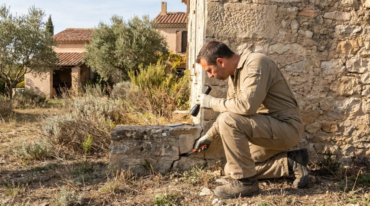 Professionnel de la dératisation certifié Certibiocide inspectant une zone de traitement extérieure avec équipement de protection