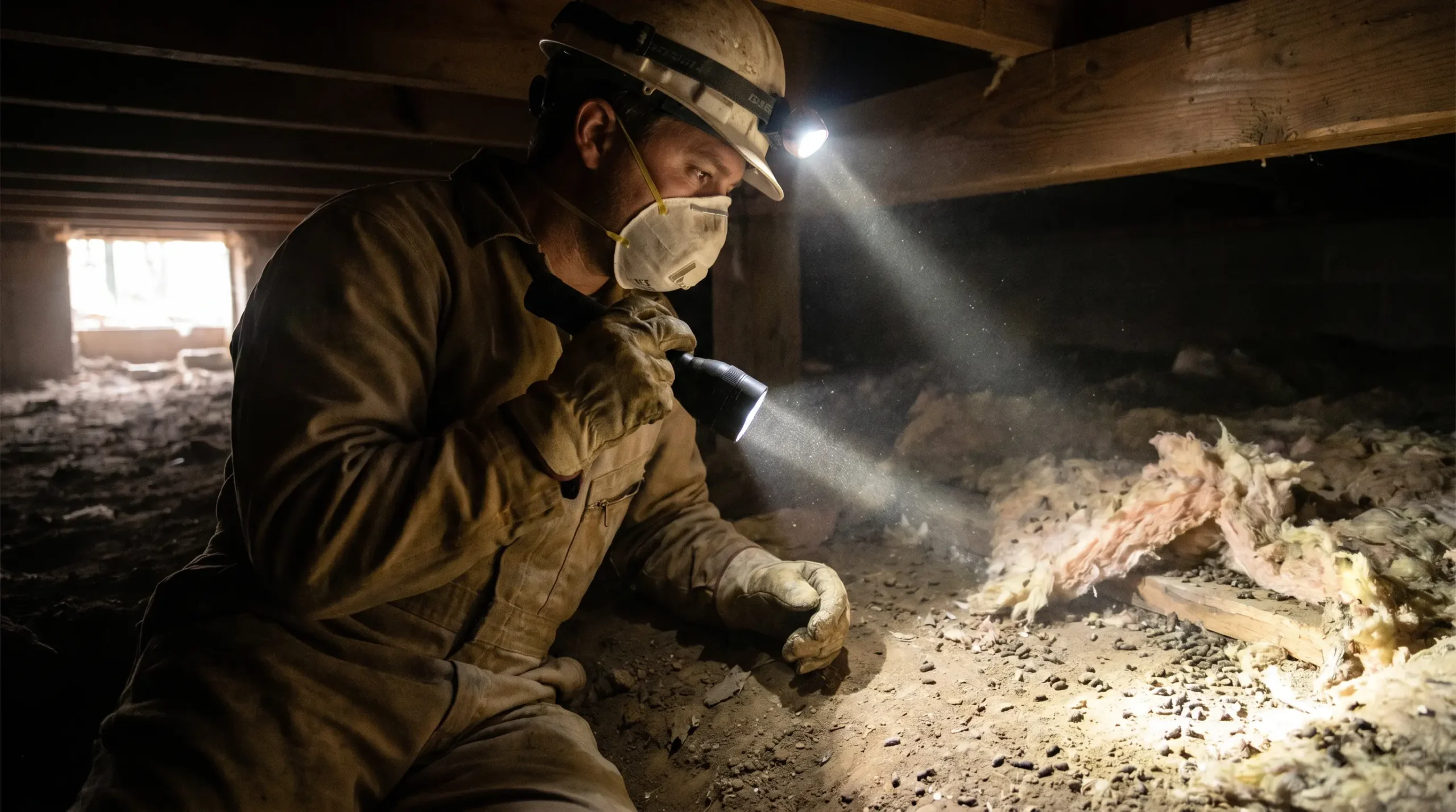 Technicien en protection individuelle inspectant un espace sous-terrain pour détecter des traces de rongeurs